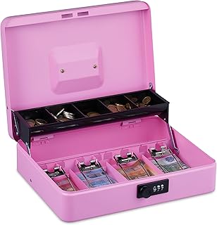 Relaxdays Caja Dinero, Combinación 3 Números, Bandeja para Monedas y 4 Espacios para Billetes, Cajita Efectivo, Rosa, Hierro, 8,5 x 30,5 x 24,5 cm