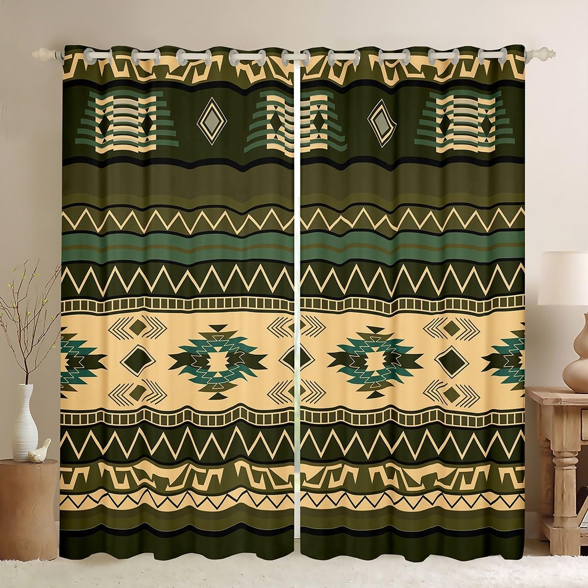 jejeloiu Boho Curtain (2 Panels, 38 x 45 Inch) Southwestern Native Aztec Blackout Shades Southwest Native American Design Window Drapes Army Green Room Darkening Curtain