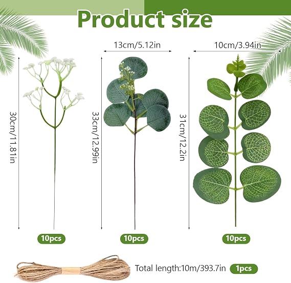Artificial Eucalyptus Stems, 30PCS Mixed Artificial Greenery Foliage, Faux White Baby's Breath Flowers, Realistic Faux Eucalyptus Plant for Wedding Garden Home Decoration