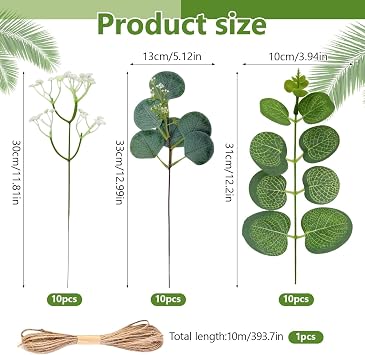 Artificial Eucalyptus Stems, 30PCS Mixed Artificial Greenery Foliage, Faux White Baby's Breath Flowers, Realistic Faux Eucalyptus Plant for Wedding Garden Home Decoration