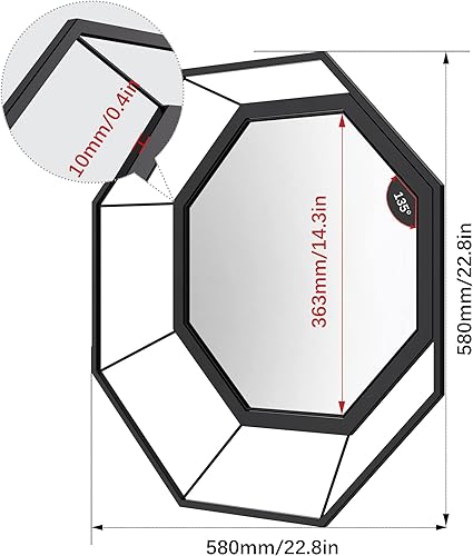 Miniatura 3 de ANYHI Espejo octogonal negro para pared, espejo geométrico montado en la pared con visión 3D y marco de metal, perfecto para entrada, dormitorio,