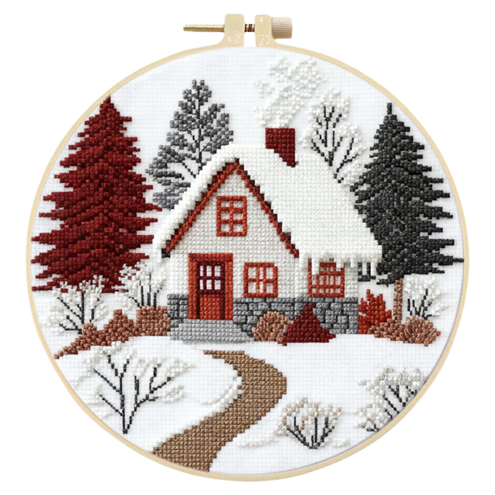 Poetrydraw Winter Cottage 11Ct 3 Strands Diy Stamped Embroidery Stitches Practice Kit With Embroidery Hoop Complete Needlework Craft Kit 24X24cm For Beginners Adults Craft Lover (Winter Cottage)