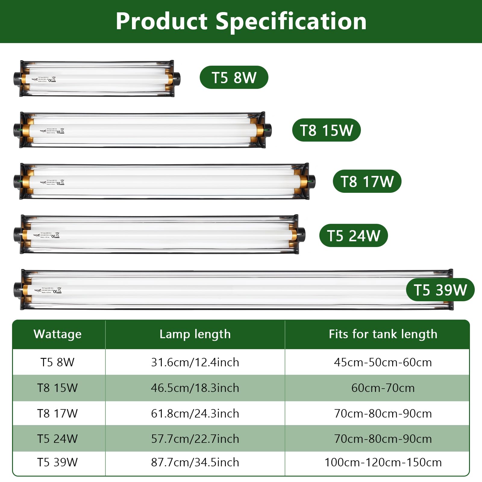 T5 8W 10.0 UVB Luz Kit Combinado de luminaria de Reptiles, 10.0 UVB para Reptiles Desierto, lámpara uvb 12.4"/ 31cm, Tubo de Alta Salida para dragón Barbudo Lagarto Tortuga