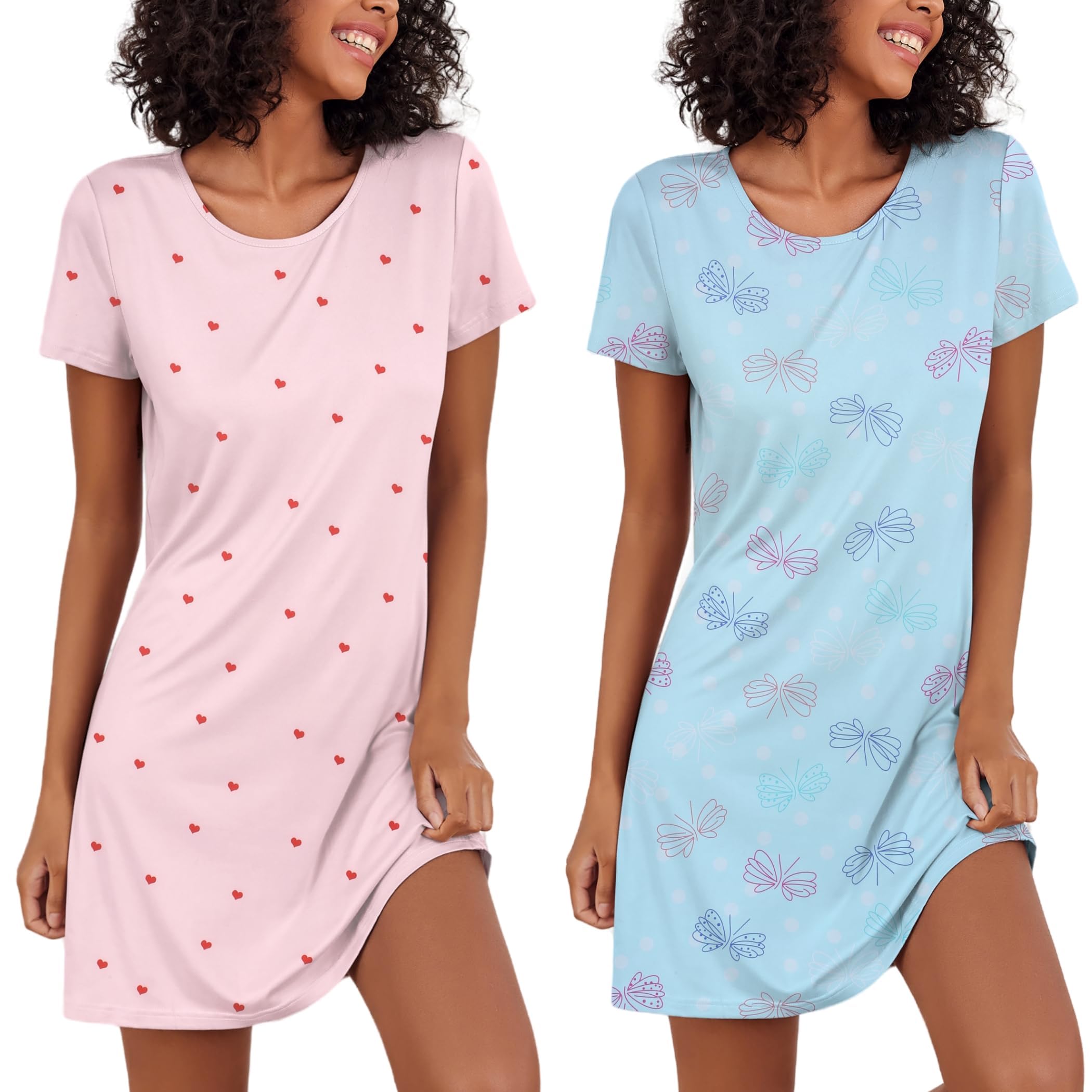 Ekouaer Nachthemd Damen Zweiteiliger Sleepshirt Kurzarm Nachtwäsche Schlafhemd Leicht Schlafshirt, 2er Pack, S-XXL