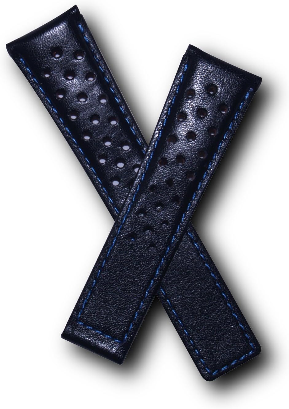TH-MCO-01-0611 - 22 mm Black Sports Perforated Leather Deployment Watch Strap, Blue Stitching, Blue Lining Compatible with TAG Heuer Monaco, Silverstone and Targa Florio Models Listed
