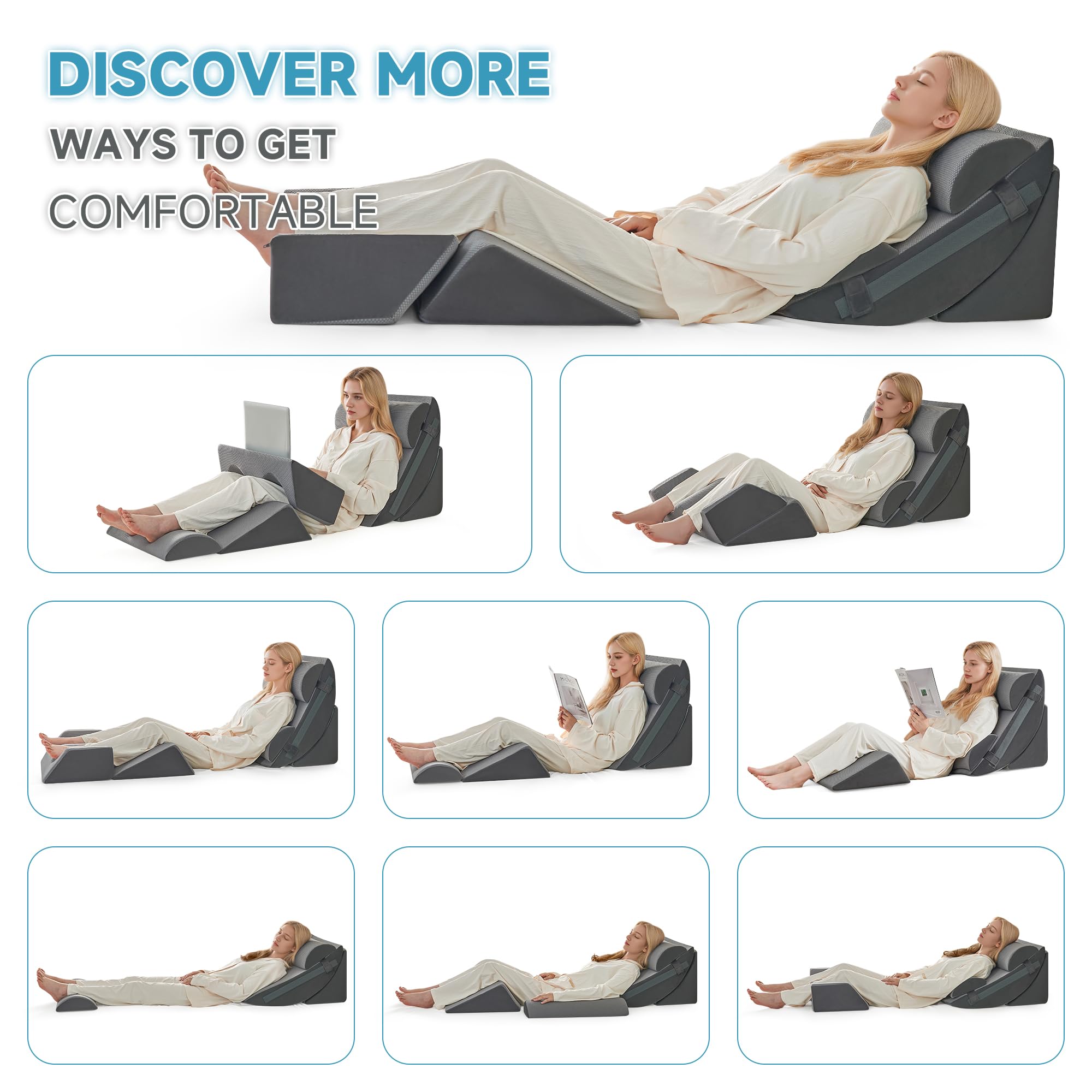 Ensemble d'oreillers 6 pièces, mousse de mémoire pour le sommeil, oreillers ergonomiques réglables, lit confortable et oreillers de canapé pour la lecture, la télévision et la détente, sombre