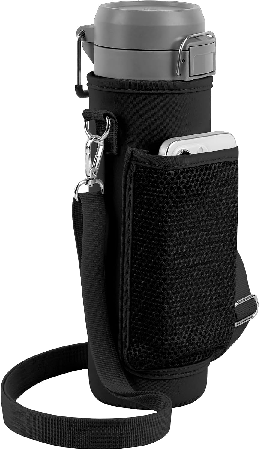 Linkidea Water Bottle Carrier with Strap Compatible with Stanley Quick Flip GO 24/36oz, IceFlow Fast Flow 24/36oz, Waterbottle Sling Bag Holder, Shoulder Strap with Phone Mesh Pocket, Black