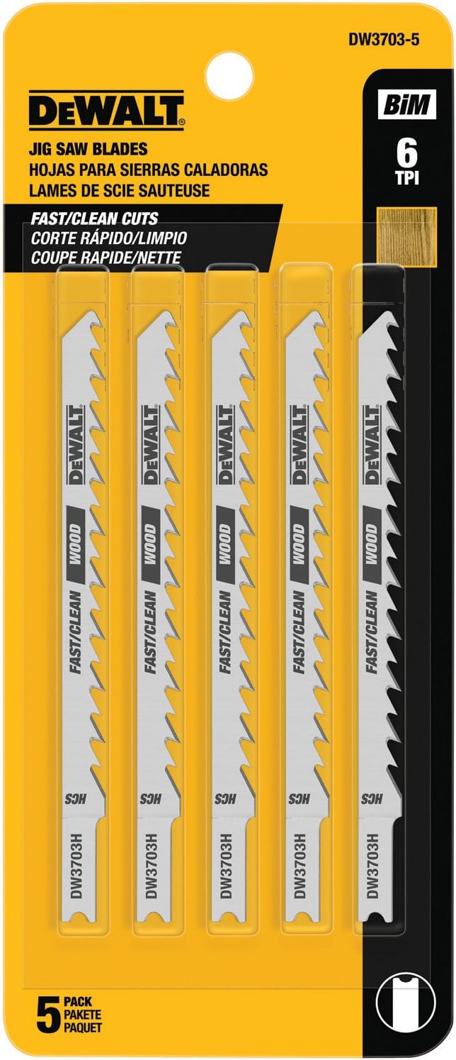 DEWALT DW3703-5 4-Inch 6 TPI Fast Clean Cut Wood Cobalt Alloy Steel U-Shank Jig Saw Blade (5-Pack)