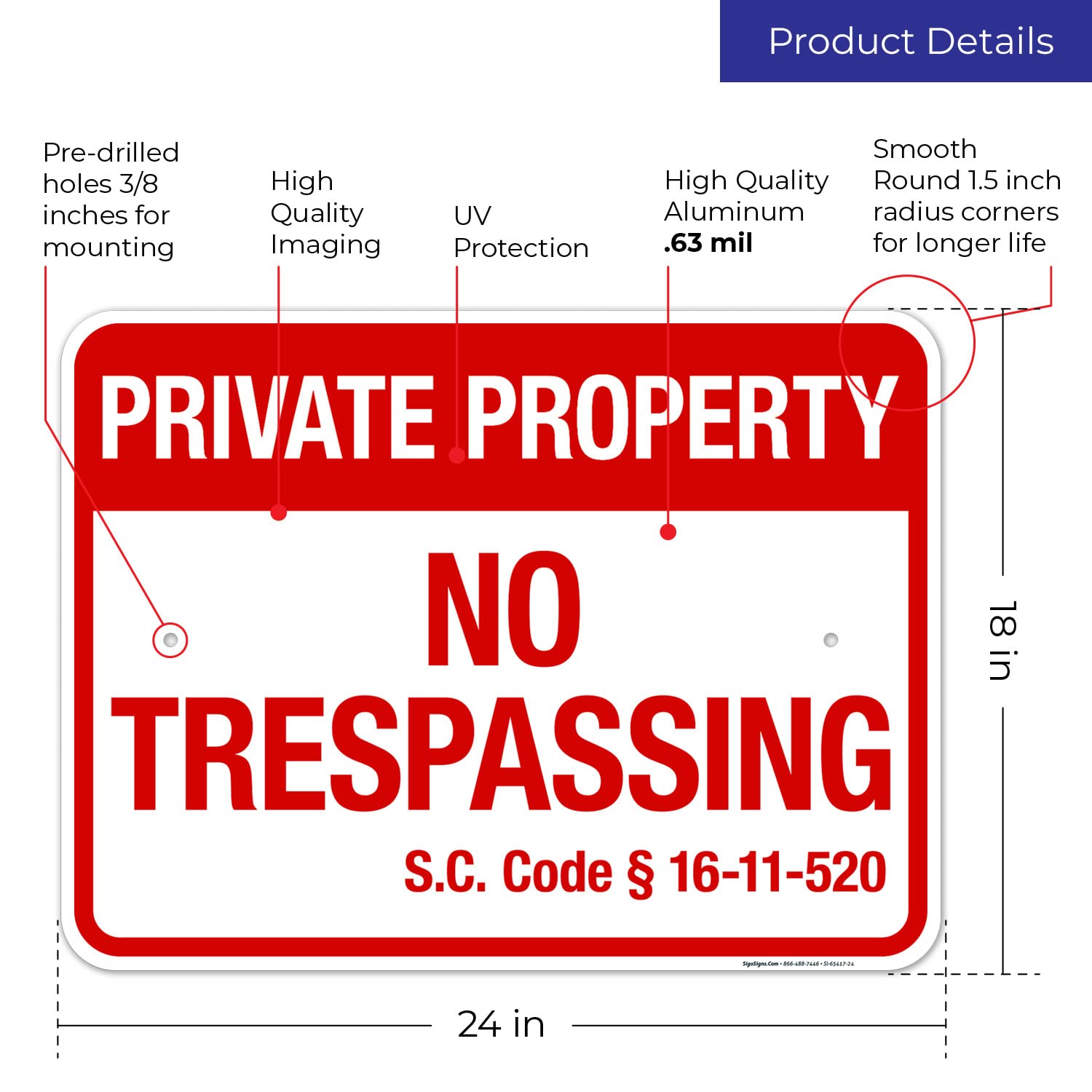 South Carolina No Trespassing Private Property Sign, 18x24 Inches, Rust Free .063 Aluminum, Fade Resistant, Made in USA