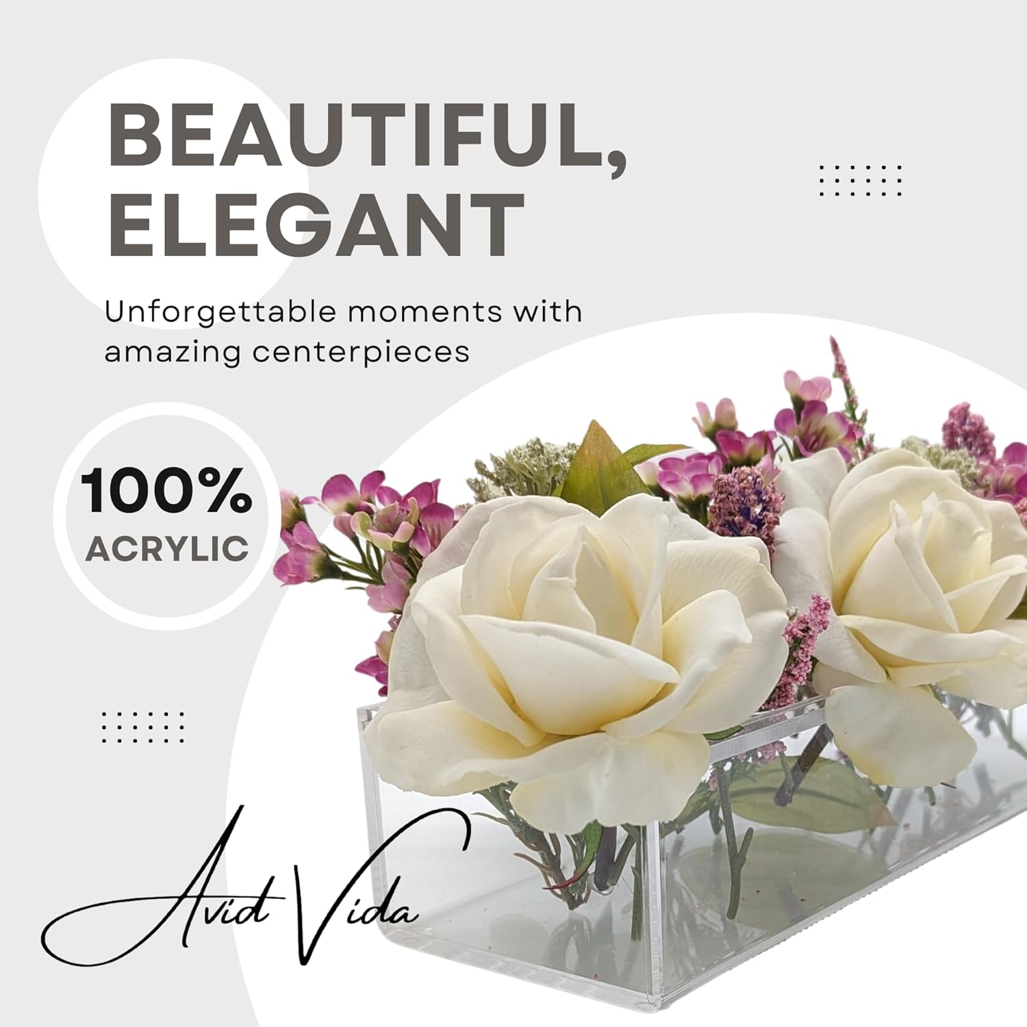 Vase Flower Centerpiece - 12 Hole, Clear, Rectangular - 100% Environmental Virgin Acrylic, 97% Anti-UV Rate - Home or Wedding Table Decor, Modern Dining Decorative Floral Arrangement - 11.8 Inch Long