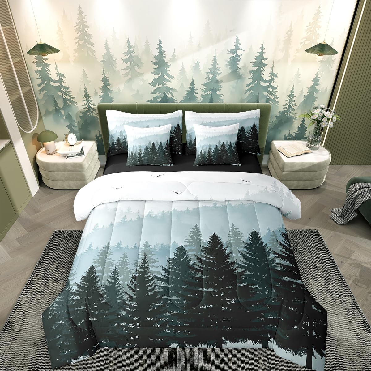 Erosebridal Green Misty Forest Comforter Set with Sheets Pine Tree Mountain 7 Pcs Bedding Set Twin,Nature Woodland Fog View Bed in A Bag for Men,Rustic Jungle Landscape Bedding Comforters,Dark Green