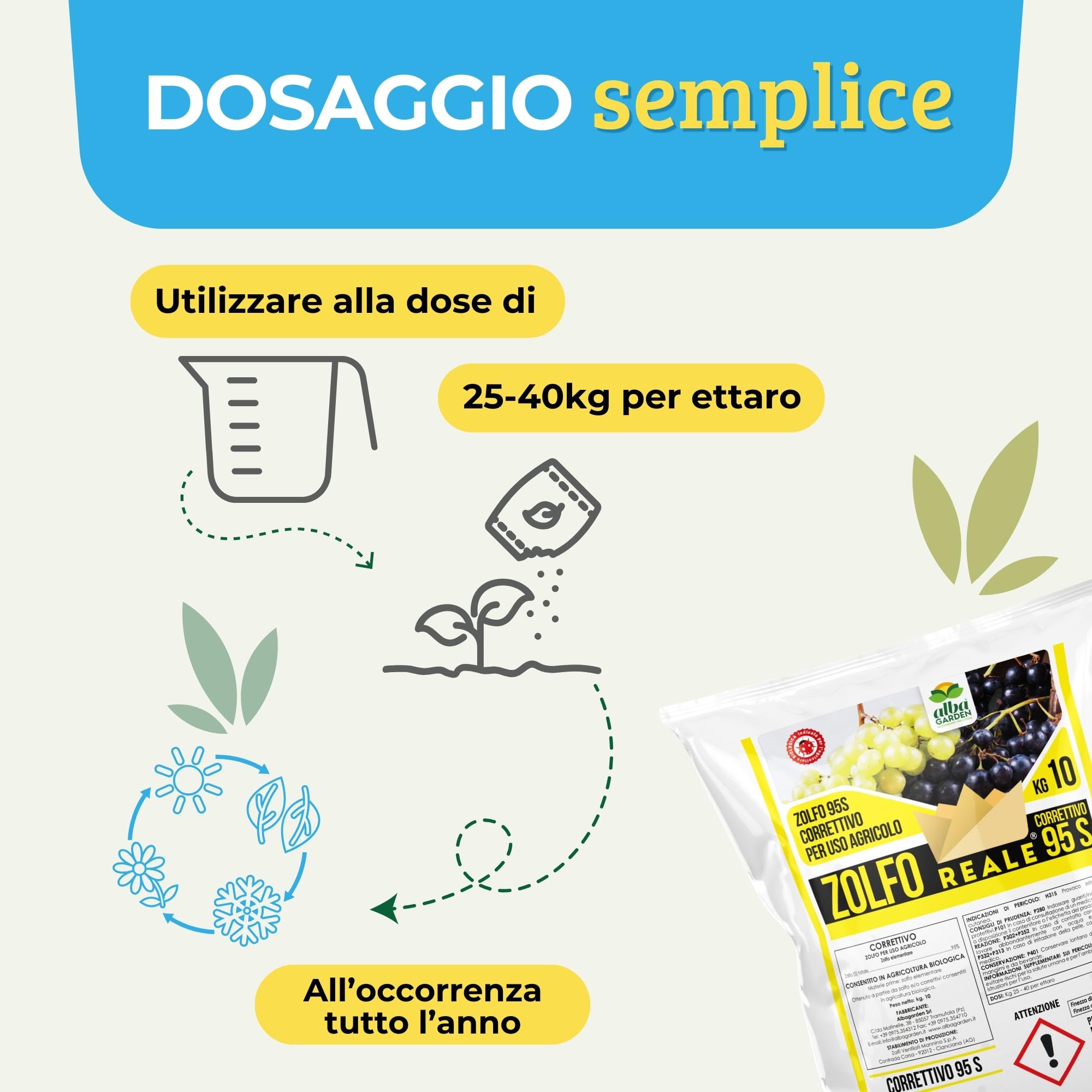 Albagarden - Zolfo in Polvere Correttivo x 10 Kg - Concime Minerale Naturale, Biologico per Vite Olivo Agrumi, Contro Oidio Mal Bianco Peronospora Ticchiolatura