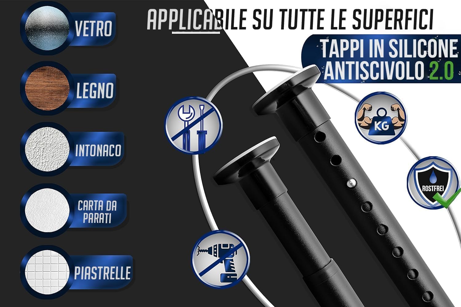 MEISENBERG - Asta per tende, senza praticare fori, 210-260 cm, diametro 32 mm, nero opaco, resistente, da infilare, asta telescopica, per tende, divisori e balconi