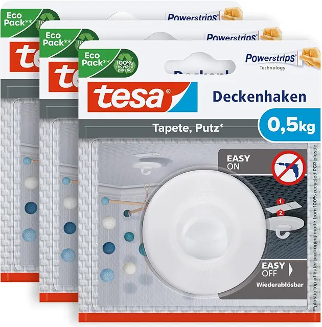 Tesa Krok 3-Pack Self-Adhesive Ceiling Hooks for Wallpaper & Drywall
