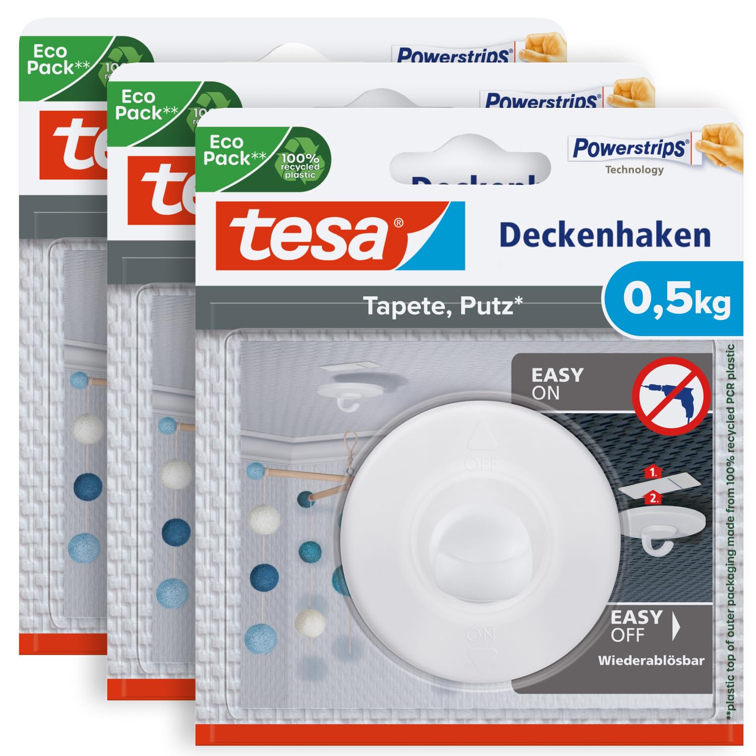 tesa Ceiling hook white 3pcs Self-adhesive no-drill