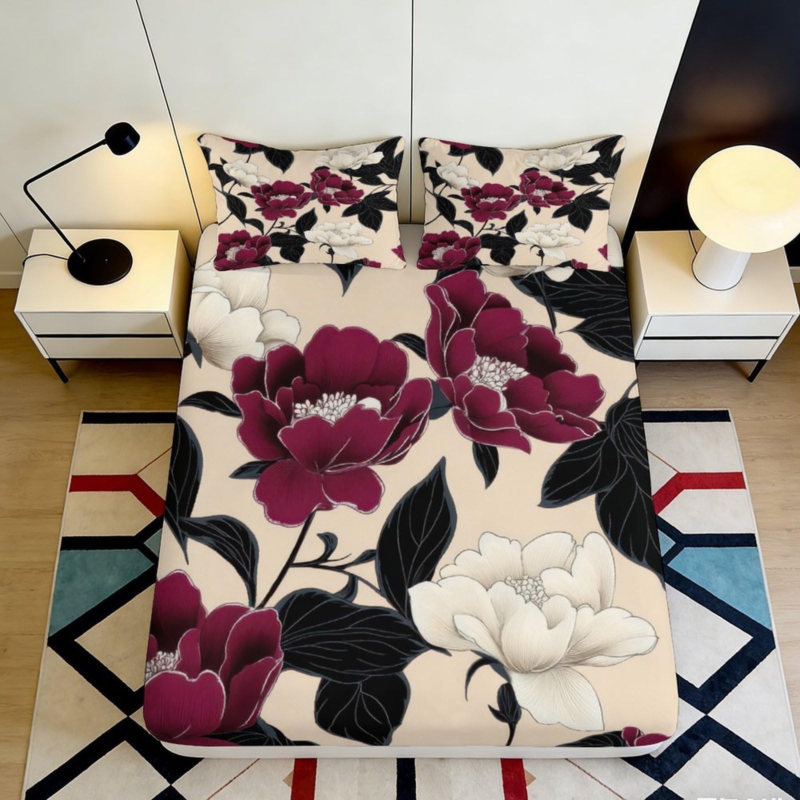 3D Printed Burgundy Floral Fitted Sheet Microfiber Soft Breathable Ivory Peony Bed Sheet for Bedroom Dormitory Guest Room Mattress Protection Decor 140x200x25cm