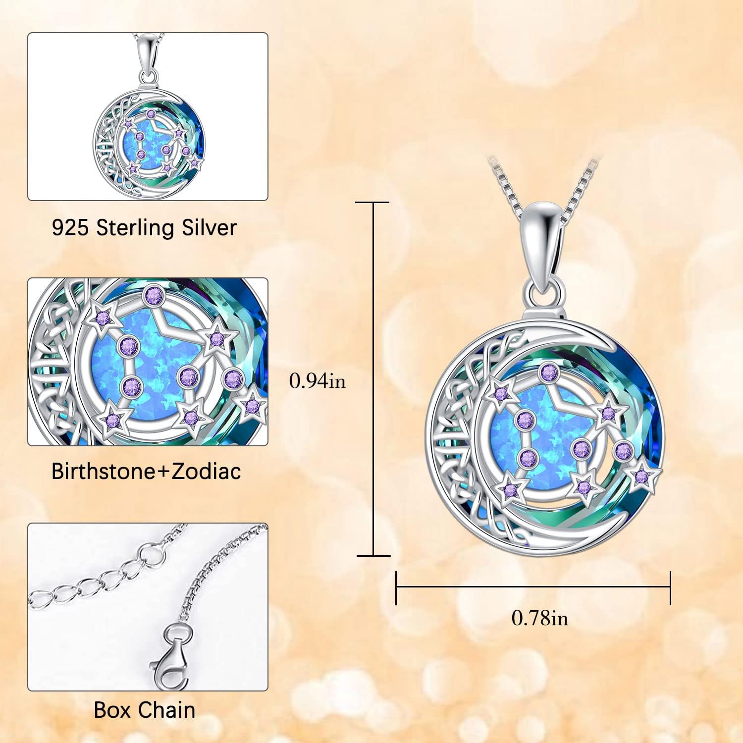 TOUPOP Zodiac Necklace 925 Sterling Silver Celtic Moon Constellation Pendant Necklaces with Blue Crystal and Blue Opal Jewelry Birthday Christmas Gifts for Women - Image 4