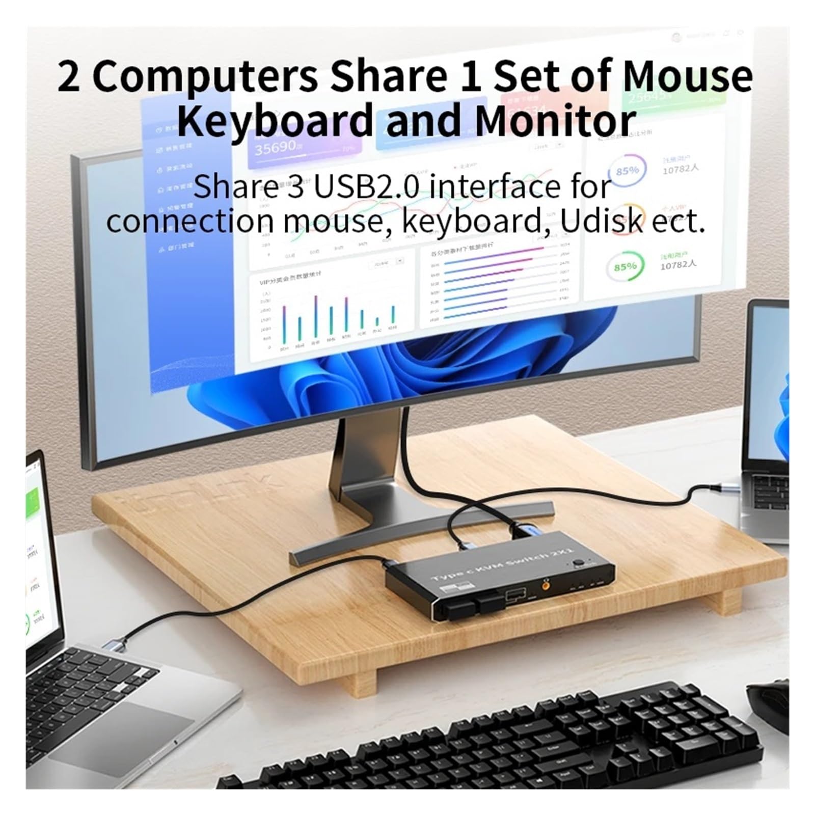 Przełącznik KVM 8K 60 Hz USB typu C 2x1 4K 120 Hz Thunderbolt 3/4 Przełącznik wideo dla 2 laptopów Podłącz do 1 monitora DP lub Wysoka częstotliwość odświeżania