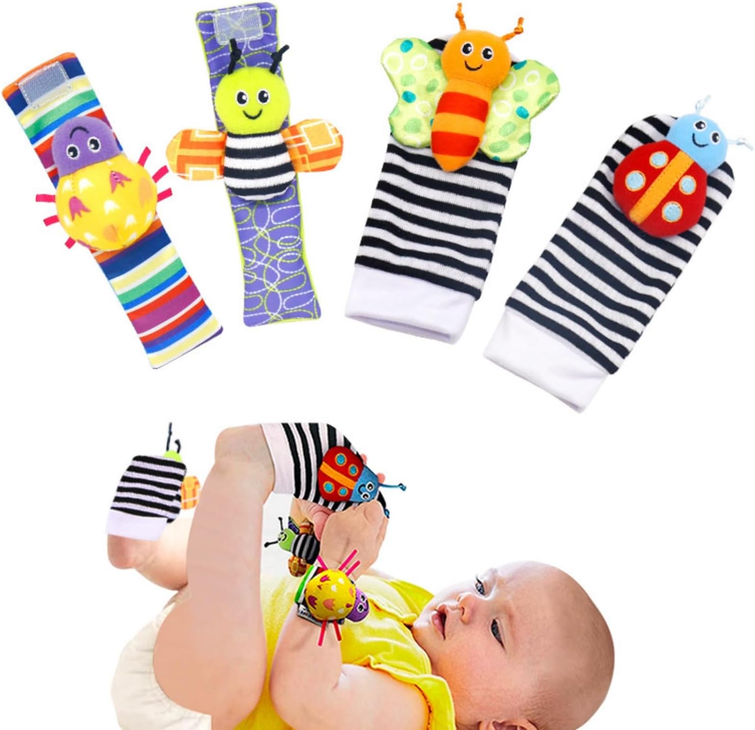 Baby Rattles Toys Wrist and Socks 4pcs, Cute Baby Animal Development Toy Gift for Newborn Babies Foot Finder Sensory Set, Toys for Boys Girls 0-3-6-12 Months