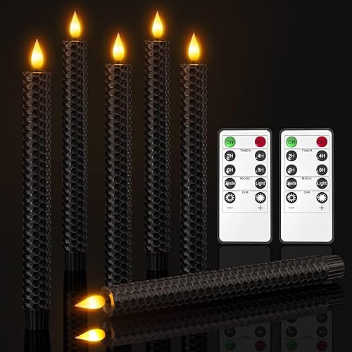 SoulBay Velas cónicas negras sin llama, 9.7 pulgadas, funciona con pilas, de cera real con forma de panal de abeja LED con control remoto y