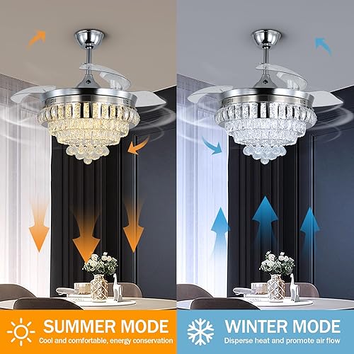 Miniatura 3 de Deckrico Ventilador de techo de cristal con control remoto de luz de 42 pulgadas, moderna lámpara LED retráctil de 6 velocidades para sala de estar,