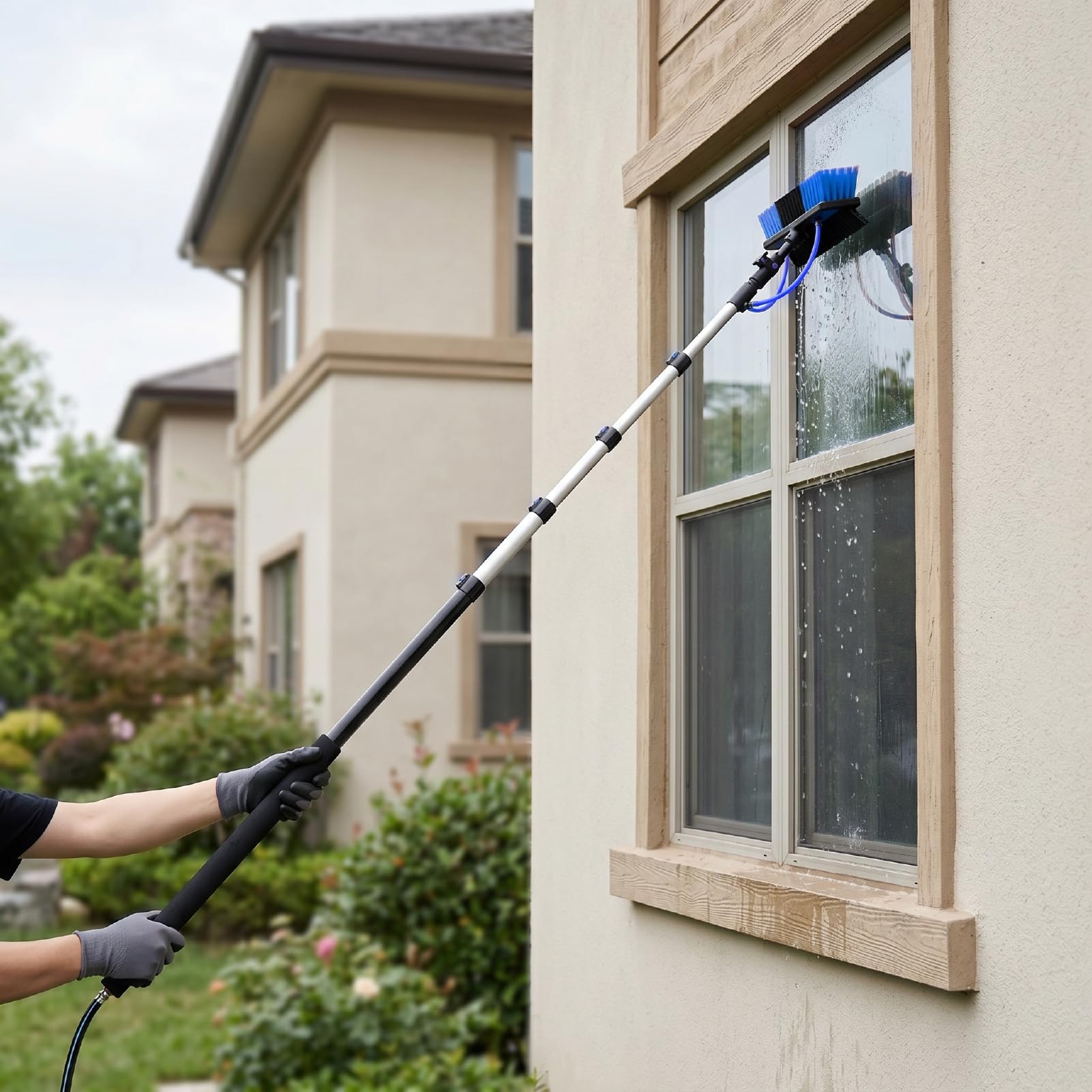 Generic Kit Spazzola per la Pulizia del Pannello Solare di Pulizia delle Finestre con Palo Estensibile Alimentato Ad Acqua da 15 Piedi a 5 Sezioni per Grondaie da Tetto, Soffitti Alti