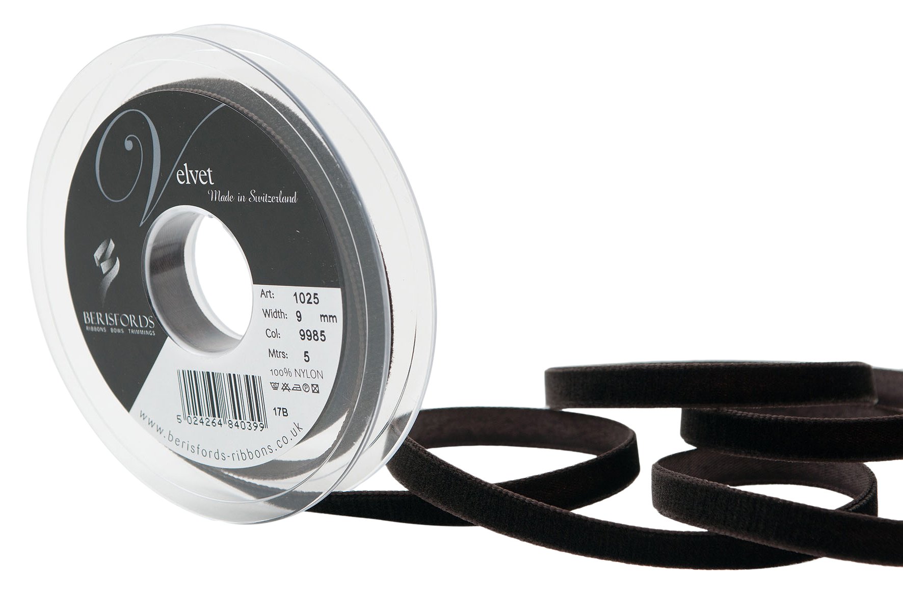 Berisfords Velvet Ribbon, Black Coffee, 102 x 15 x 102 cm