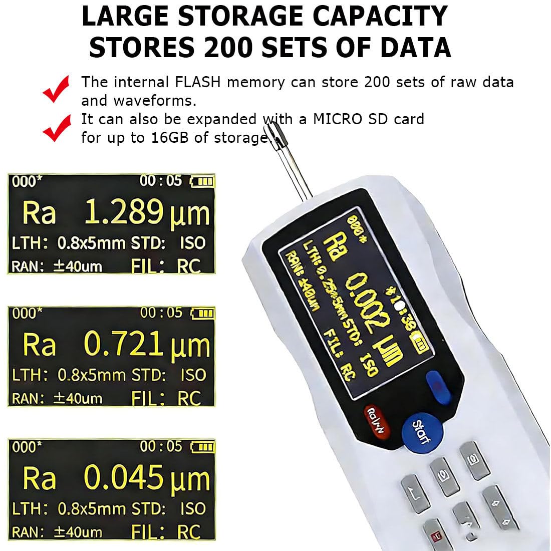 Tester di rugosità superficiale, misura portatile per ispezione di pezzi di precisione, risoluzione 0,001 μm, rilevamento versatile Ra, Rz, Rq, Rmax