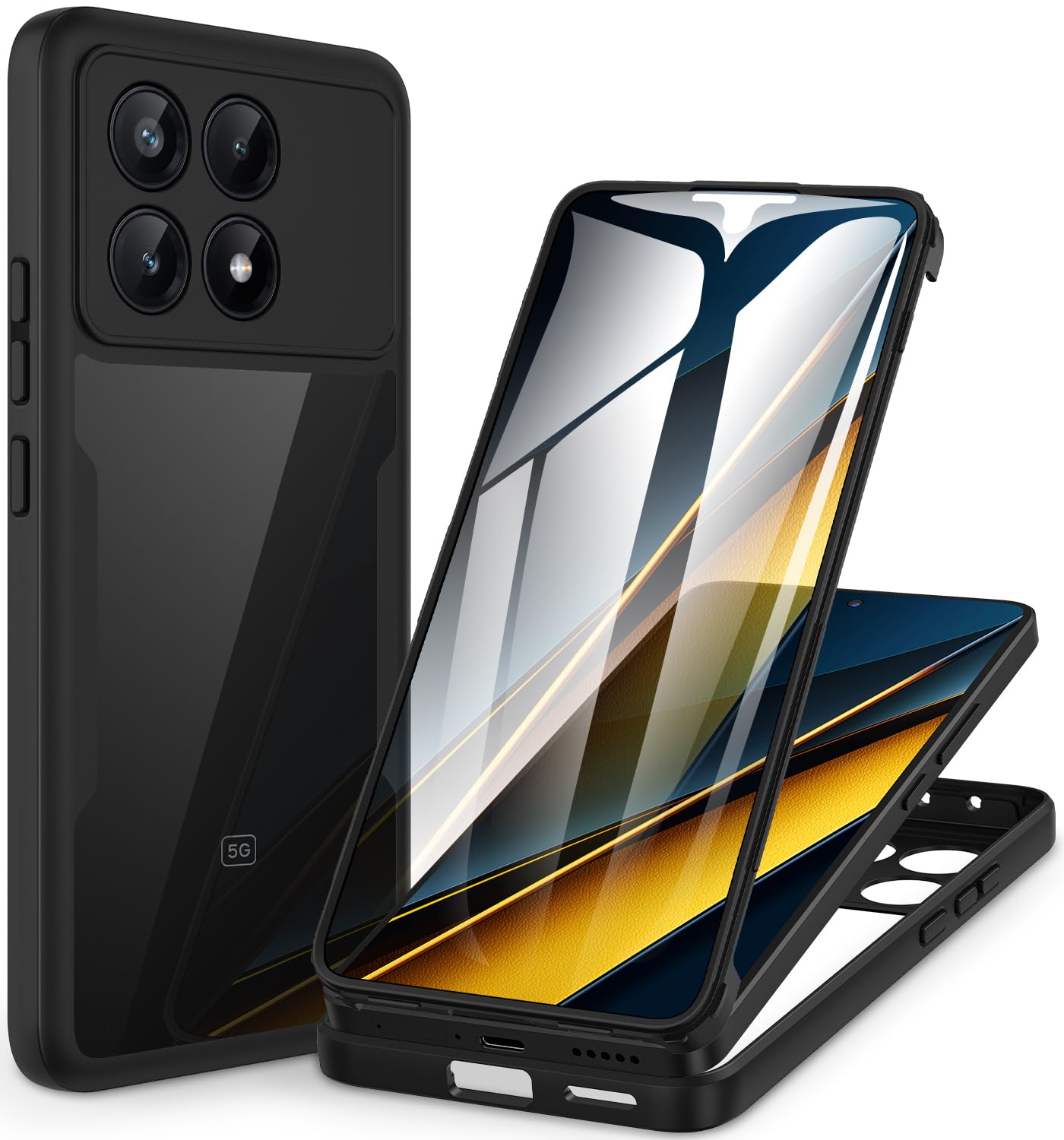 CENHUFO for Xiaomi POCO X6 Pro 5G Case Built-in Screen Protector, 360° Full Body Protective Shockproof Rugged Bumper Clear Phone Cover for POCO X6 Pro 5G Case -Black