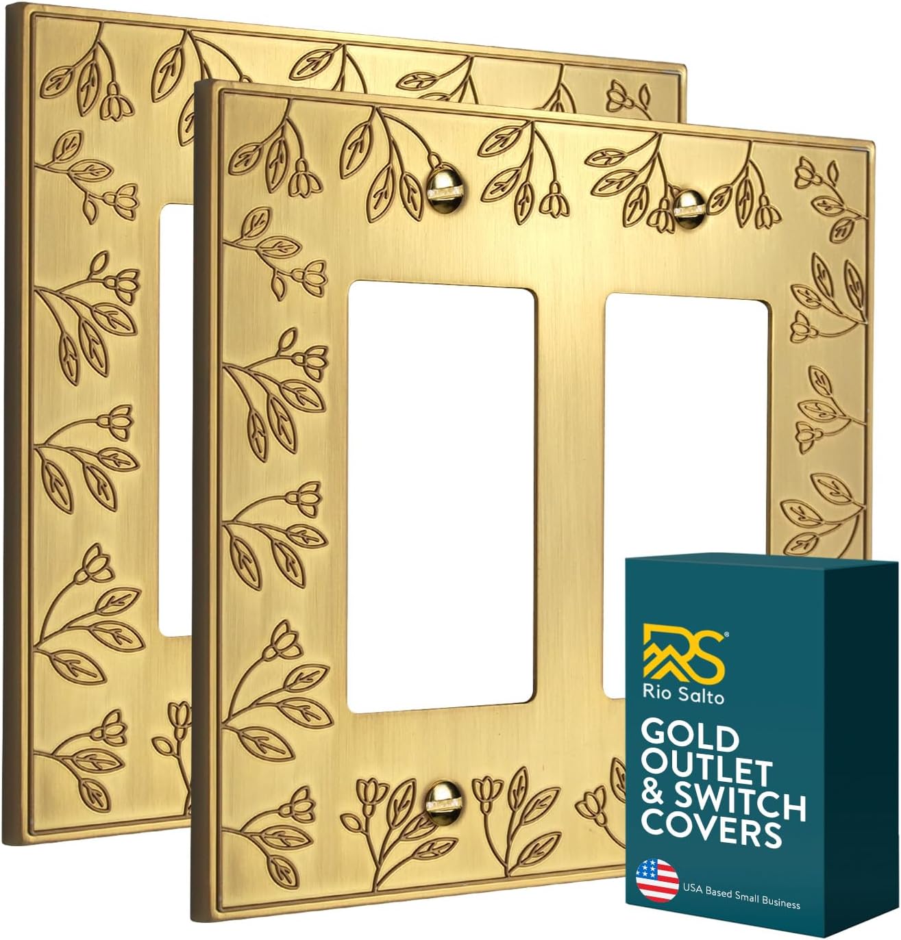 Rio Salto Floral Collection Brushed Brass Gold Double Rocker Light Switch Cover – 2-Gang Midsize - 2 Pack Metal Wall Plate 5" x 5" Heavy-Gauge Luxury Decorative Switch Plate
