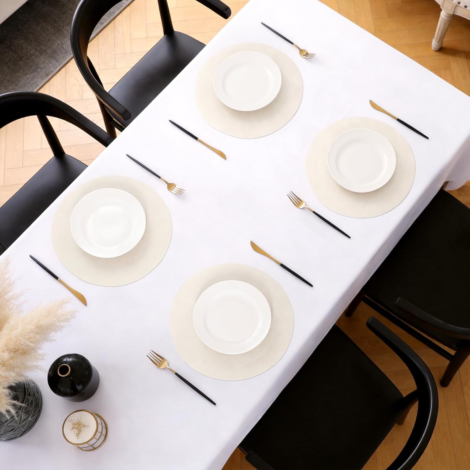 MOSAYT 13 Inch Round Vinyl Placemats Set of 8 - Faux Leather 100% Waterproof Oil-Proof Wipeable PU Place Mats, Heat Resistant Reversible Table Mats for Kitchen, Dining, Outdoor (Beige)