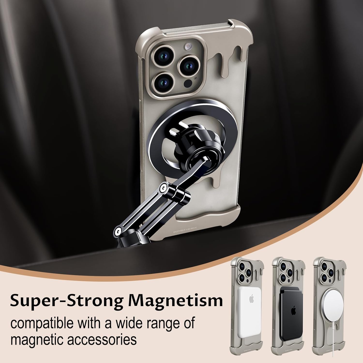 OATSBASF Frameless Bumper Case for iPhone 16 Pro Max 6.9" Case, Metal Kickstand 360° Rotatable Magnetic Stand, Minimalist Aluminum Bumper Protective, Bezel Less Slim Shockproof, Natural Titanium