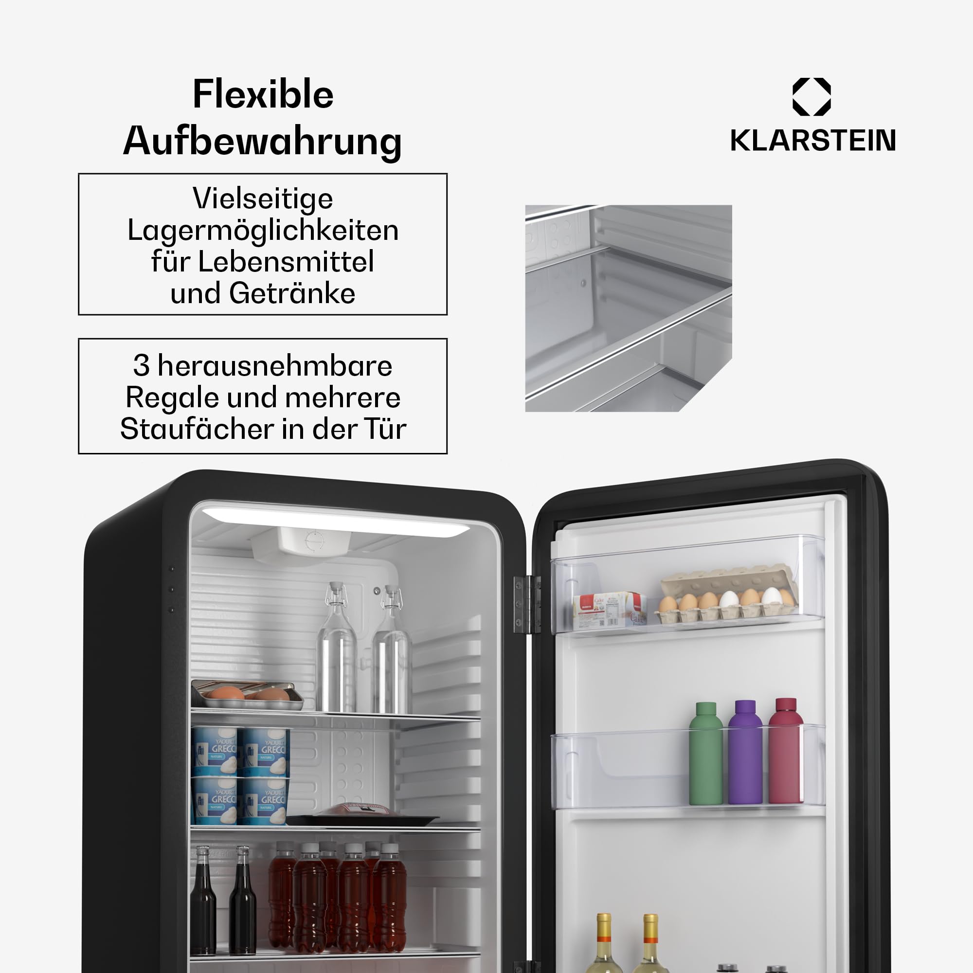 Klarstein Audrey Evo 90L Retro Mini Kühlschrank - Leise 40 dB, Kompakter Kühlschrank Klein mit Verstellbaren Füßen, Wendetür, Mechanischem Thermostat, Schwarz