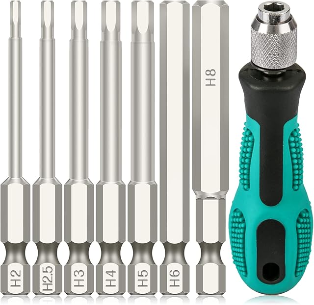 K Kwokker 7PCS Metric Hex Head Allen Wrench Drill Bits with Mini Handle Screwdriver, 75mm Long 1/4 Inch Hex Shank Magnetic Screwdriver Bits, Allen Key Screwdriver Set for Assembling Furniture