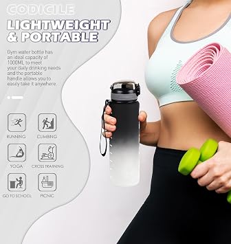 CodiCile 1L Water Bottle with Straw and Time Markings, Leakproof 1 Litre BPA Free Drinking Bottle, Dishwasher Safe Measured Reusable Bottle for Gym, Sports, School, Adults