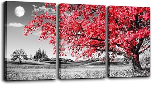 Lienzo decorativo para pared de sala de estar, color blanco y negro, árbol rojo, luna, paisaje, pintura, dormitorio, decoración de pared de 16 x 24