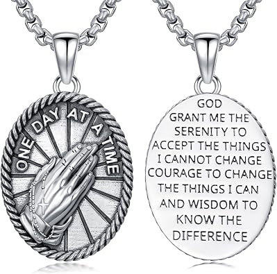 Praying Hand Necklace 925 Sterling Silver Serenity Prayer Pendant Necklaces with Scripture Christian Jewelry for Men