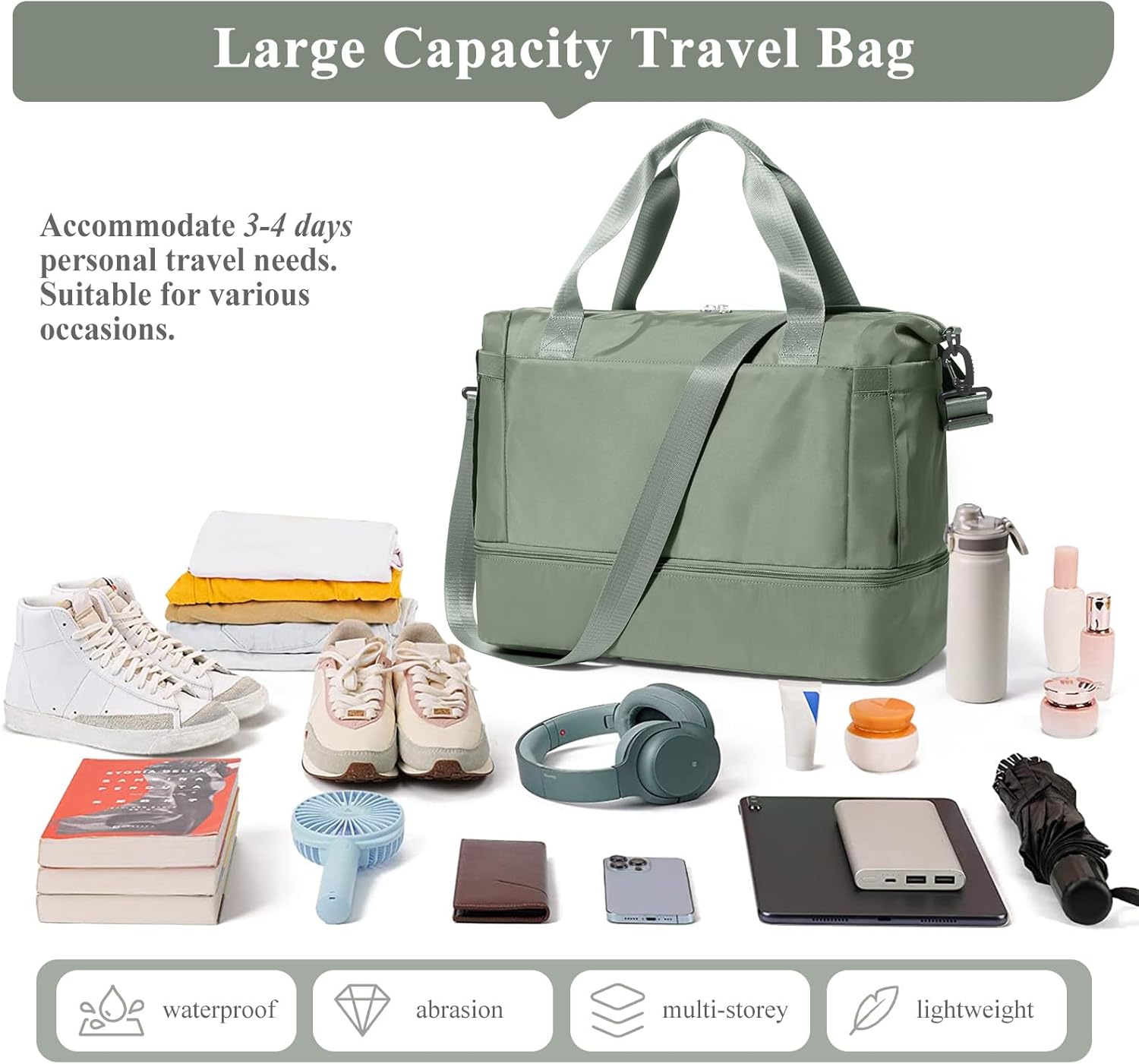 Travel Duffel Bag with Shoes Compartment, Overnight Weekender Bags for Women, Carry on Personal Item Bag with Wet Pocket for Travel, Gym, Weekend,Green - Image 6