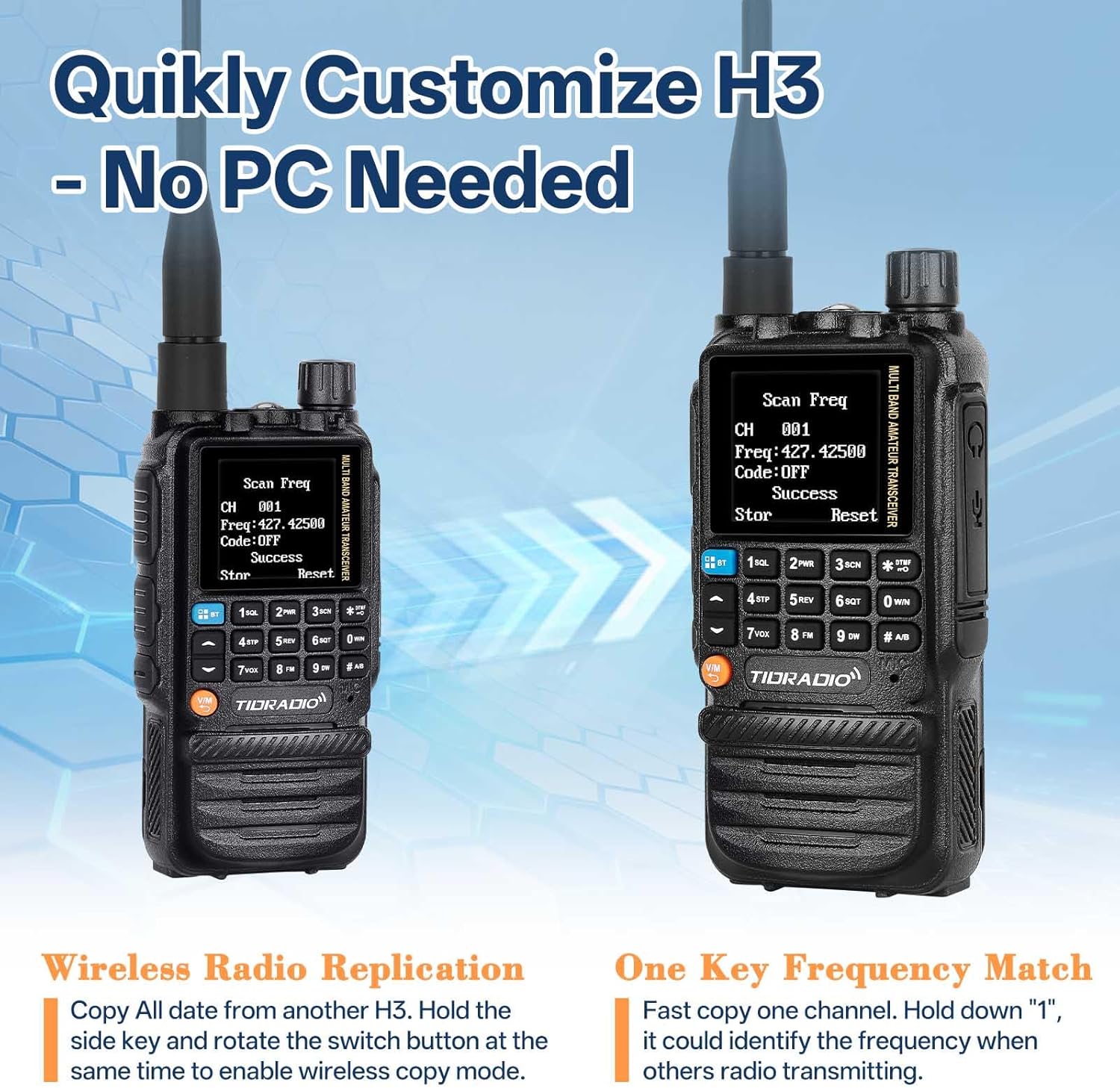 Two TIDRADIO TD-H3 radios demonstrating wireless radio replication and one-key frequency matching.