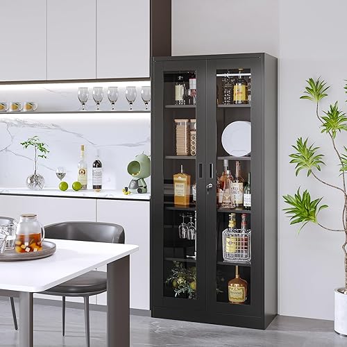 Miniatura 57 de Gabinete de almacenamiento de metal para garaje, gabinete de almacenamiento con bloqueo de 71 pulgadas con 2 puertas y 4 estantes ajustables, Negro