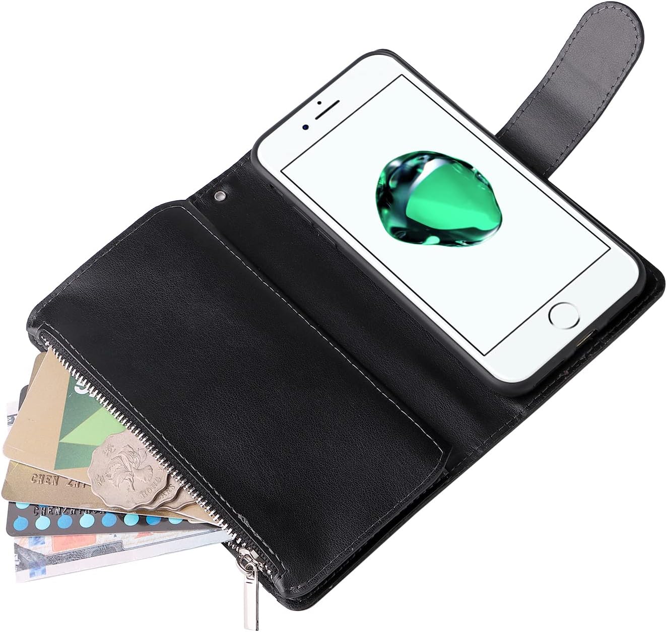 UEEBAI Wallet Case for iPhone SE 2022 5G/iPhone 7/iPhone 8/iPhone SE 2020, Premium PU Leather Magnetic Handbag Zipper Pocket Case Card Slots Wrist Strap Flip Case for iPhone SE3/SE2 - Black Heart