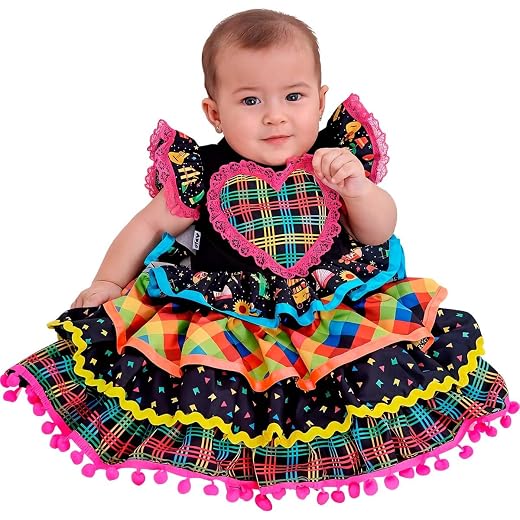 Vestido Bebe Pra Menina de Festa Junina Luxo Preto e Colorido Saia Super Rodada 4 Babados de 0 a 1 ano