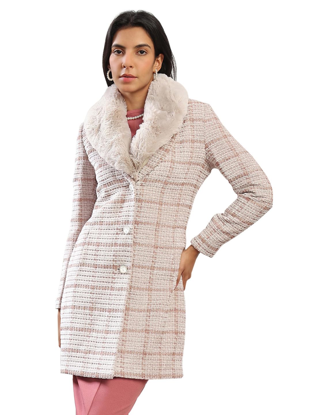 globus Women Shawl Collar Long Sleeves Checkered Self Design Faux Fur Detail 2 Pockets Hip Length Winterwear Overcoat-picture-36