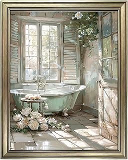 Vintage Bathroom Wall Art Framed Rustic Bathroom Wall Decor Sunlit Floral Print Picture Bathtub Canvas Painting