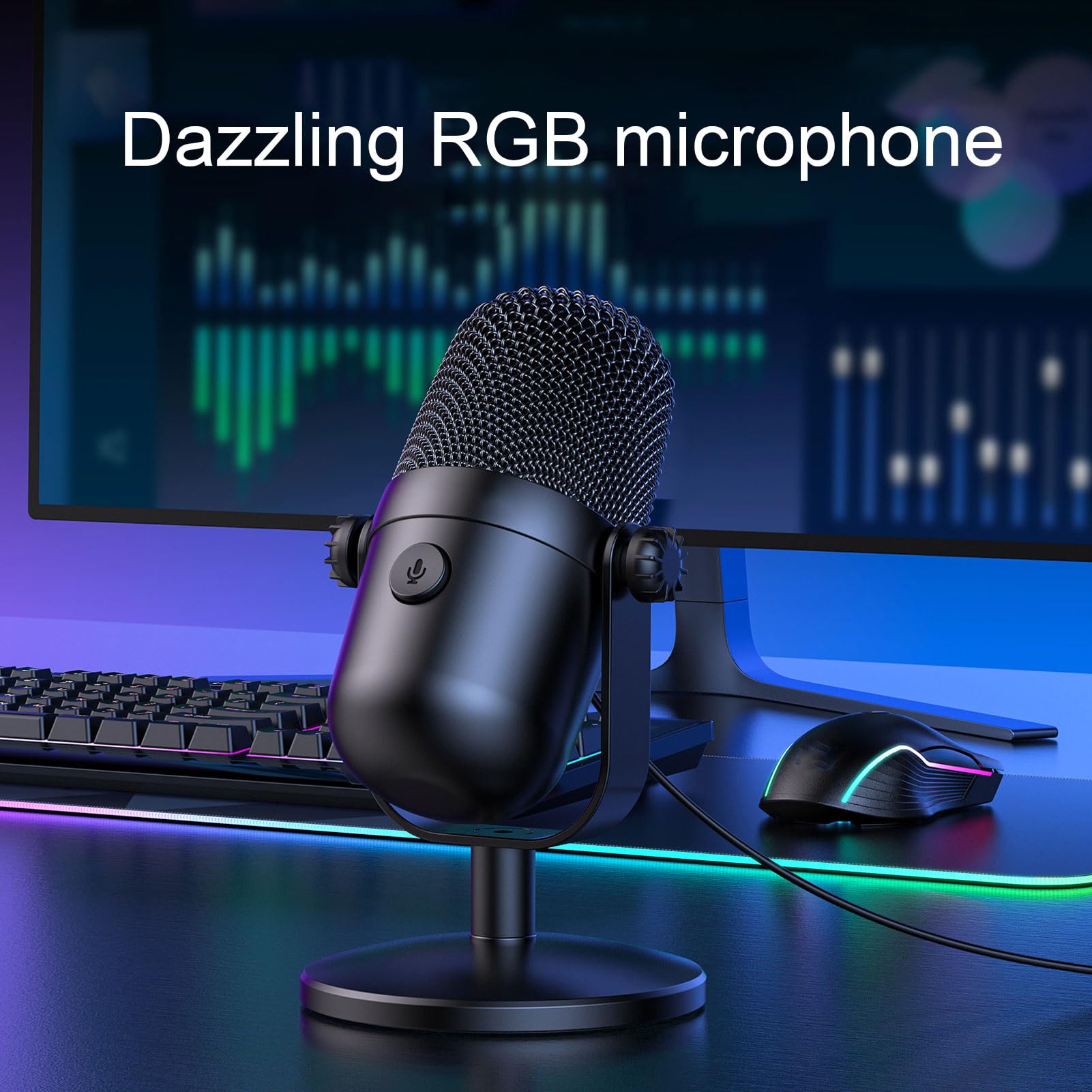 Eujgoov Microfono a Condensatore USB per PC con RGB per Cantare Podcast Registrazione in Streaming per PC, OS X, Garageband, Skype, Riunioni Zoom, Corsi Online, Live