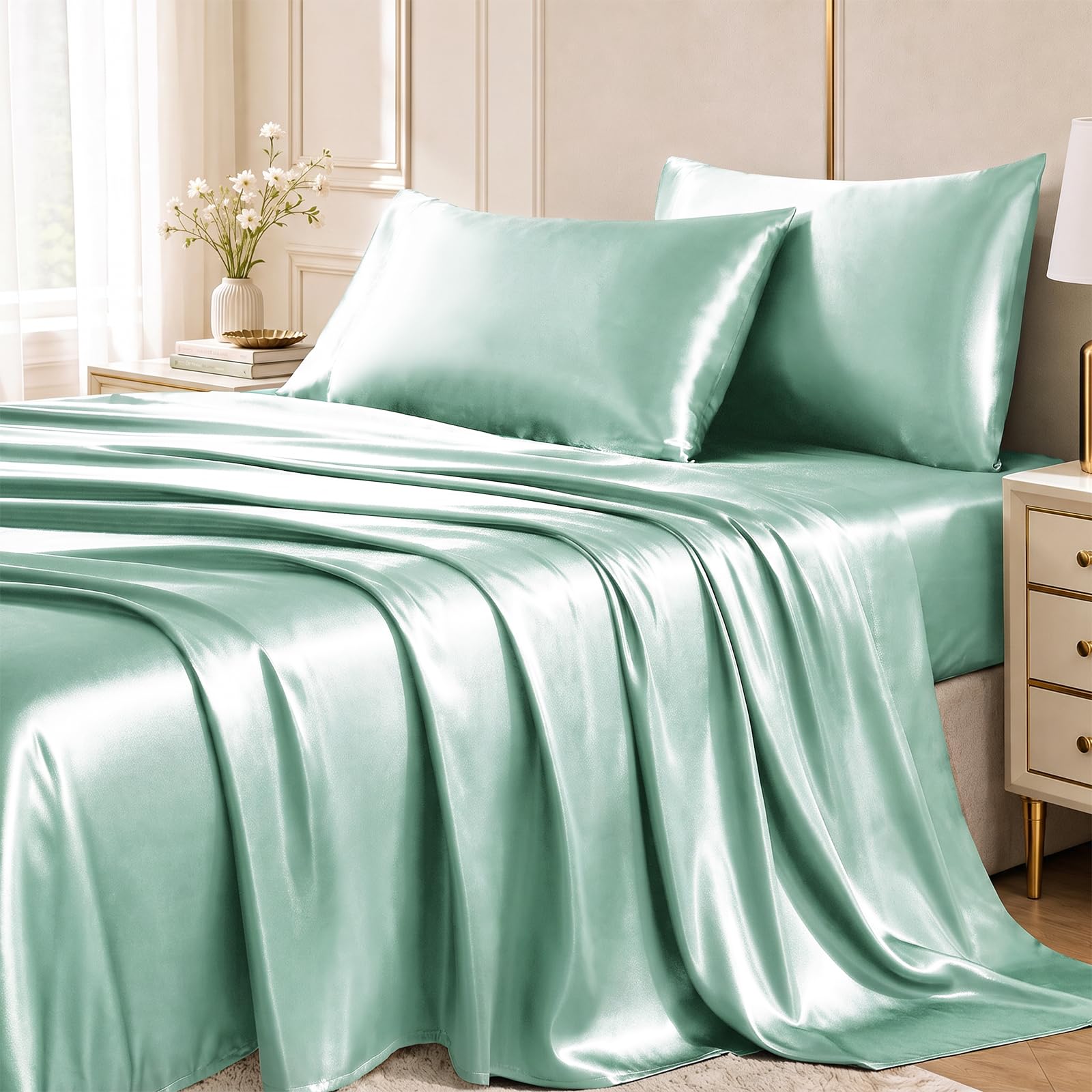 CozyLux Satin Sheets King, 4-Piece 14-Inch Deep Pocket Sheet Set