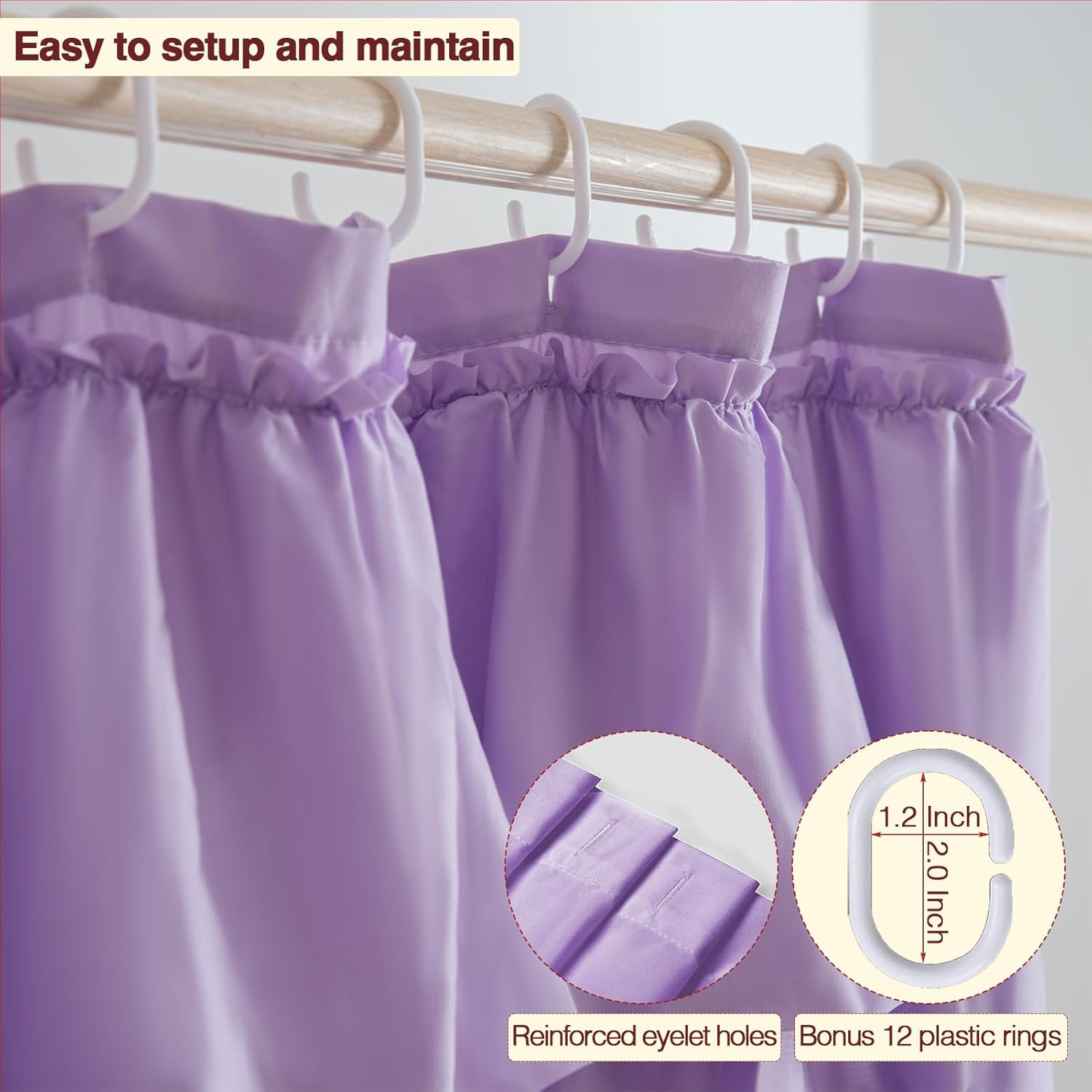 Purple Shower Curtain with Ruffled Layers, Lavender Bathroom Drapery for Farmhouse & Shabby Chic Decor, Elegant Textured Fabric, Extra Long 72 x 84 inch Stylish Bath Accessory