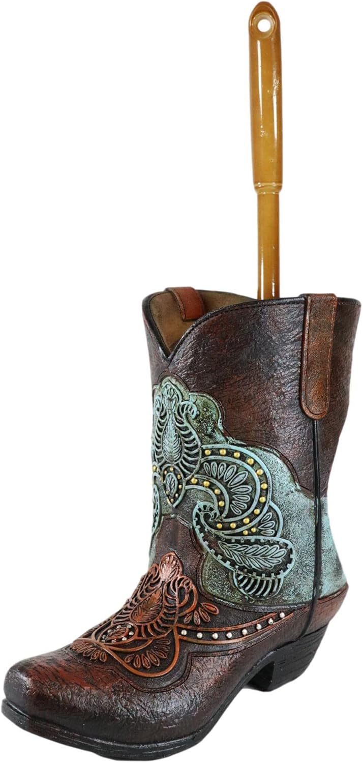 Ebros Gift Rustic Vintage Southwestern Turquoise Lace Patterns Faux Tooled Leather Cowboy Boot Toilet Bowl Cleaner Brush and Base Holder Bathroom Gift 2 Piece Set Western Boots Accent Decor