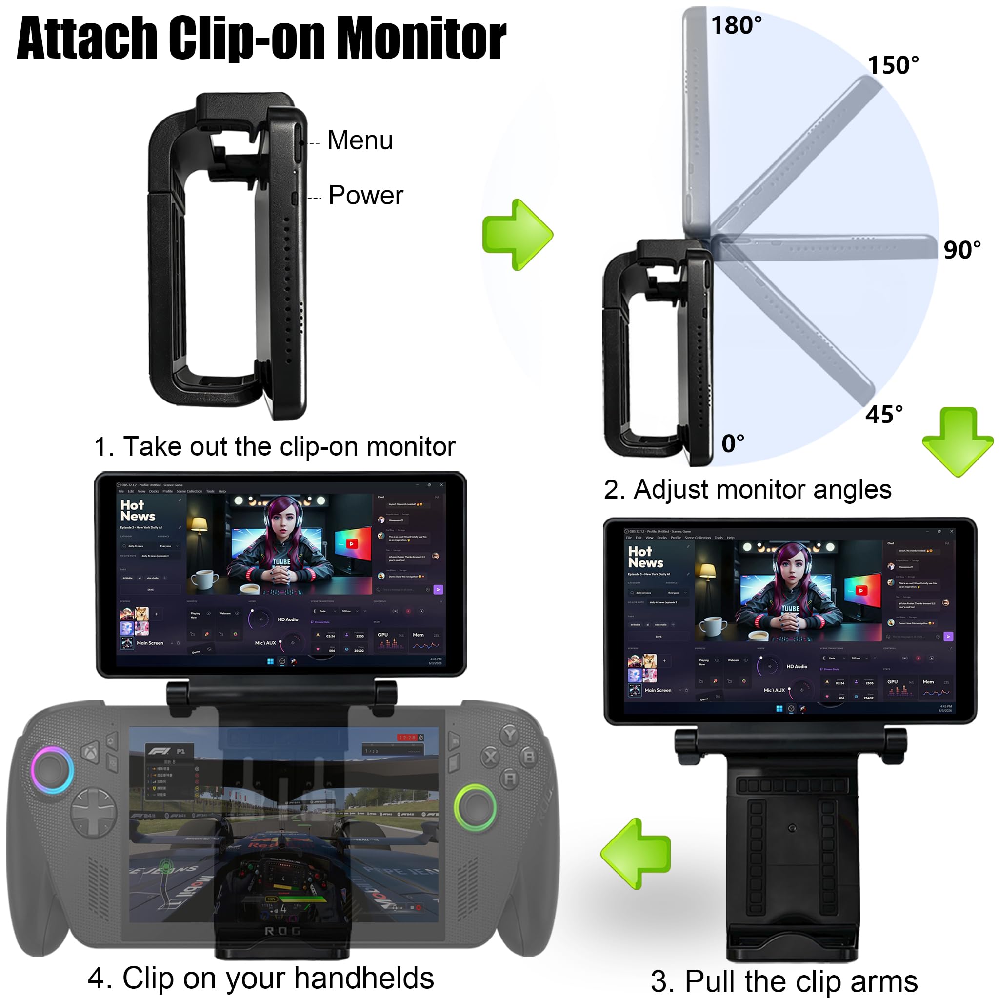 wisecoco 7-calowy monitor AMOLED Clip-on dla ROG Ally/Ally X/Xbox Ally/ROG Handhelds replikuje rozgrywkę 3DS/NDS 1080P FHD ekran dotykowy zewnętrzny monitor bez użycia narzędzi USB-C połączenie z