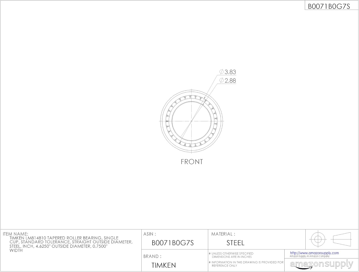 Timken LM814810 Tapered Roller Bearing, Single Cup, Standard Tolerance, Straight Outside Diameter, Steel, Inch, 4.6250" Outside Diameter, 0.7500" Width